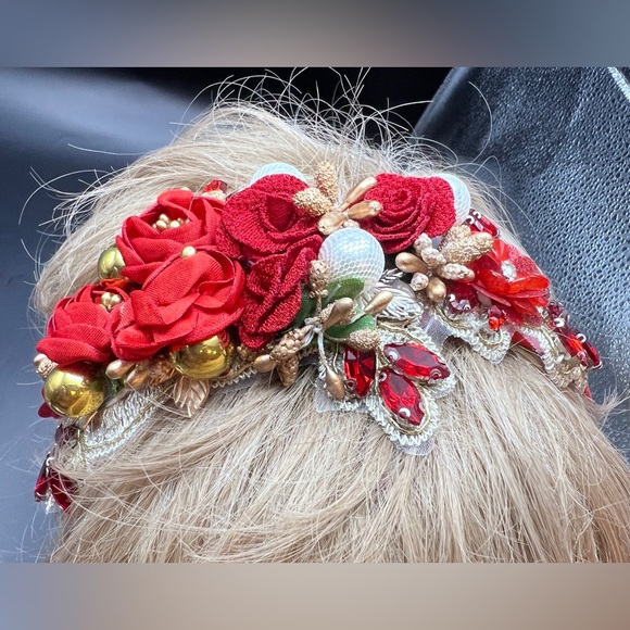 Floral and Faux Pearl Embellished Headband - Red - NWOT - Picture 3 of 6